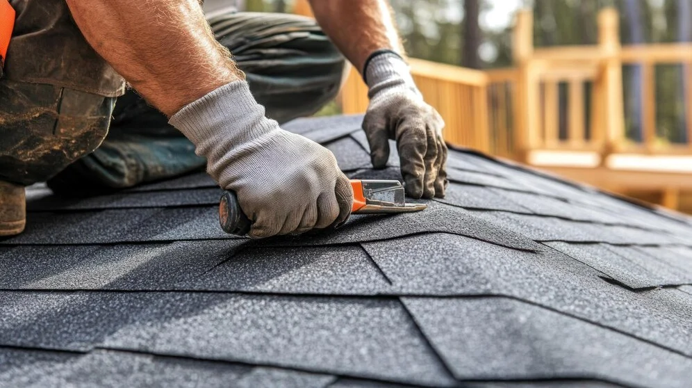 man working on shingles on a roof