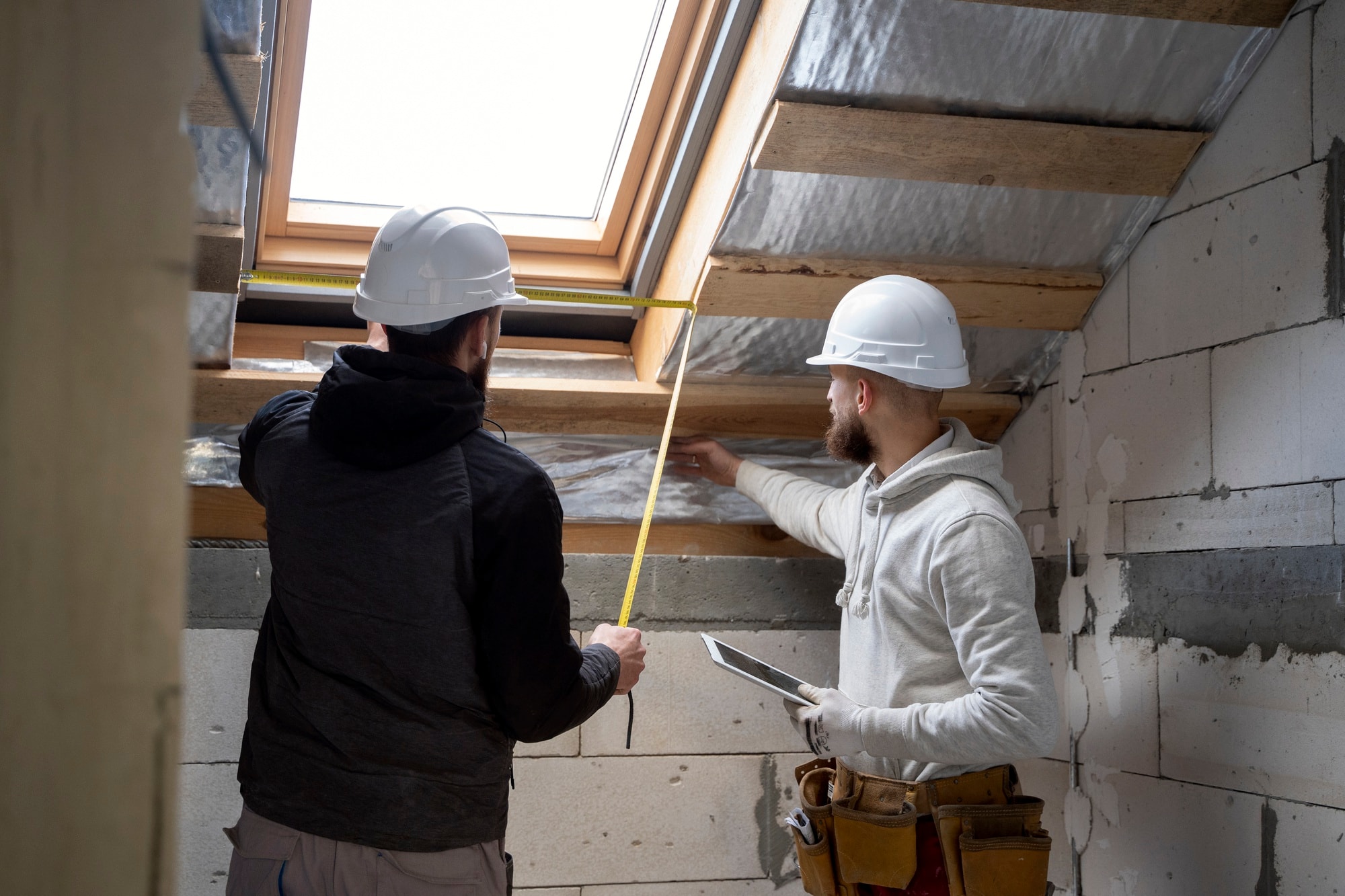 men discussing something about a roof while inside a house